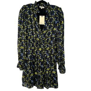 Elan Medium Tiered Elastic Waist Mini Dress Blue Black Abstract Flowy NWT Indie